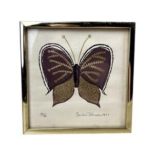 Vintage 70's Butterfly Framed Art Print Brown Tan Retro Hippie Home Decor 1977